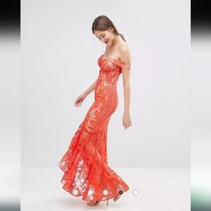 Jarlo All Over Lace Off Shoulder Fishtail Midi Dress. Sz UK 10 Us 8